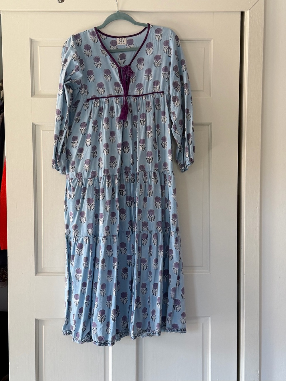 Louis Vuitton Light Blue & Plum Floral Tiered Maxi Dress with Tassel Tie